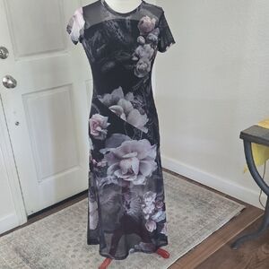 AllSaints Black Mesh Maxi Dress with Pale Pink Floral Print